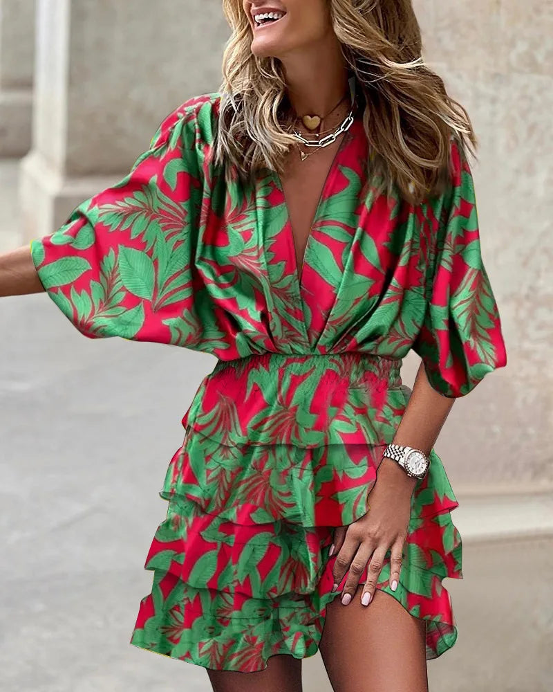 Vestido Mini Floral de Capas sin Esfuerzo para Mujeres con Escote en V, Mangas Globo y Cintura Fruncida, Estilo Bohemio