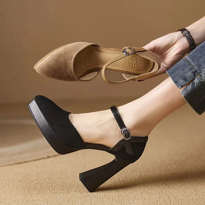Elegantes Zapatos de Tacón Plataforma de Ante para Mujeres con Correa de Hebilla Mary Jane y Tacón Grueso