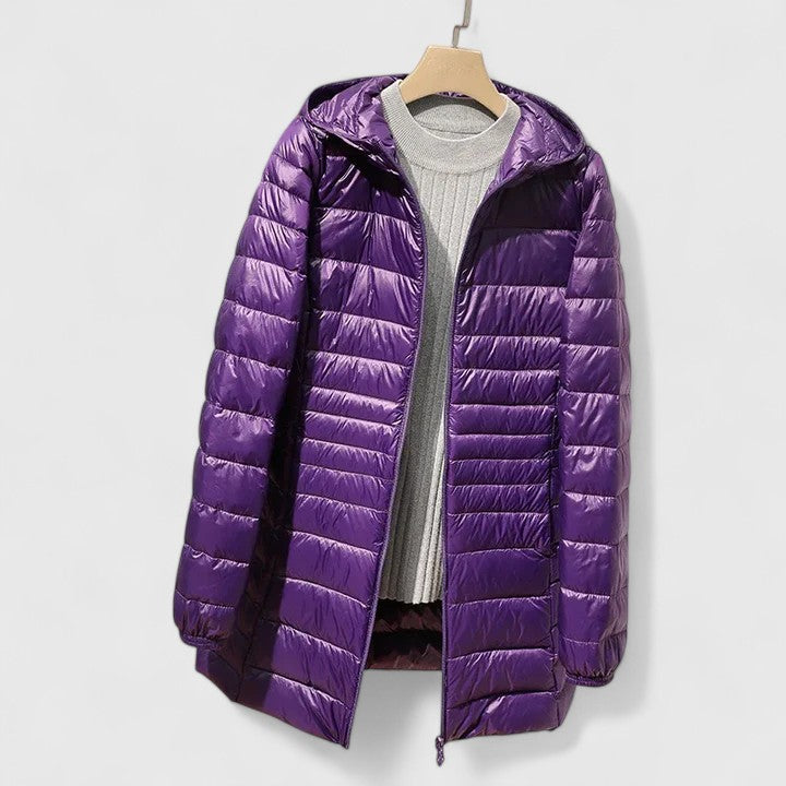Chaqueta Puffer Acolchada Sin Esfuerzo para Mujeres con Capucha, Manga Larga, Ligera y Estilo Casual de Corte Largo
