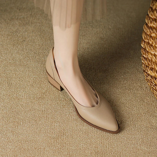 Elegante Zapato de Tacón Bloque de Cuero para Mujeres con Punta Afilar Deslizante Estilo Casual en Corte en V