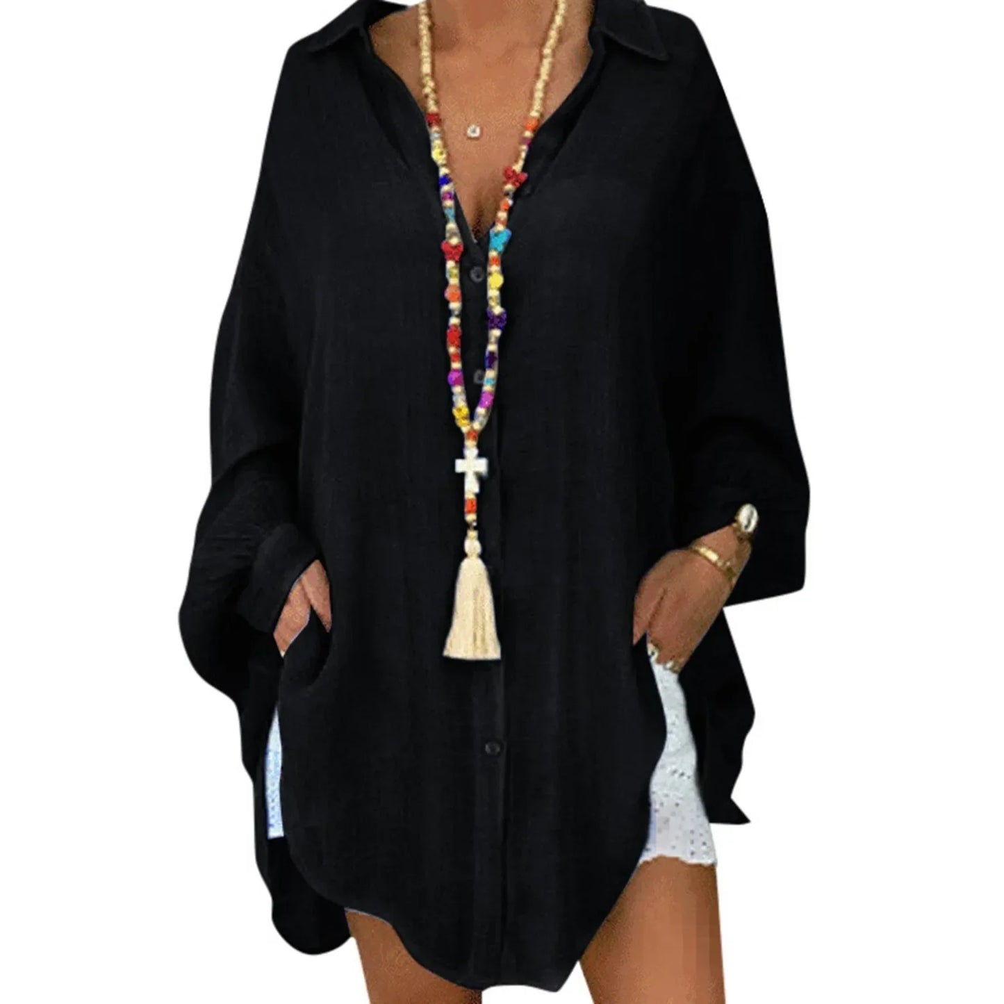 Blusa de Lino con Botones para Mujeres, Sin Esfuerzo, con Cuello, Manga Larga, Oversized, Estilo Relaxado Alto-Bajo