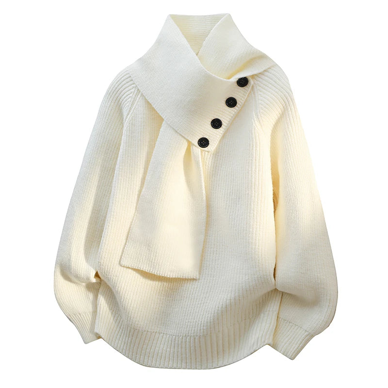 Suéter de Punto Cómodo para Mujeres con Cuello Asimétrico, Manga Murciélago, Detalle de Botón y Estilo Relajado