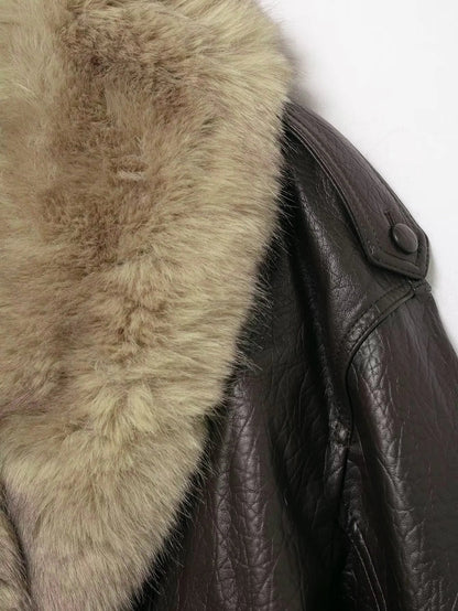 Chaqueta Bomber de Cuero Elegante para Mujeres con Cuello de Piel Sintética, Manga Larga, Estilo Relajado con Botones a Presión