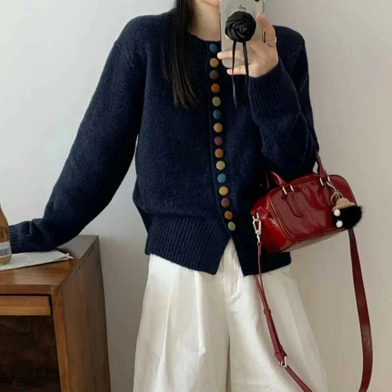 Suéter Cardigan Cómodo para Mujeres con Cuello Redondo, Manga Larga, Botones Frontales, Estilo Relajado y Oversized