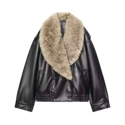 Chaqueta Bomber de Cuero Elegante para Mujeres con Cuello de Piel Sintética, Manga Larga, Estilo Relajado con Botones a Presión