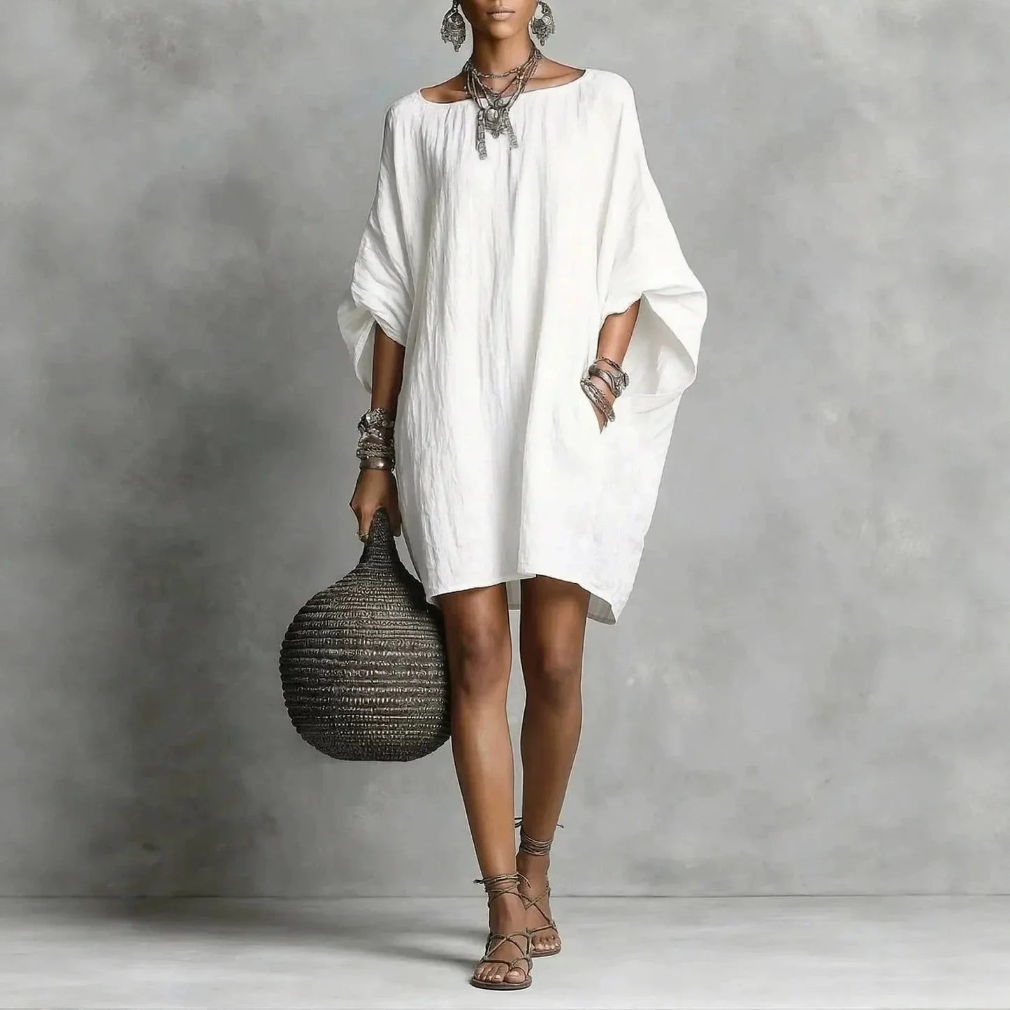 Vestido Mini de Lino Sin Esfuerzo para Mujeres con Cuello Redondo y Manga Murciélago, Estilo Boho Oversized