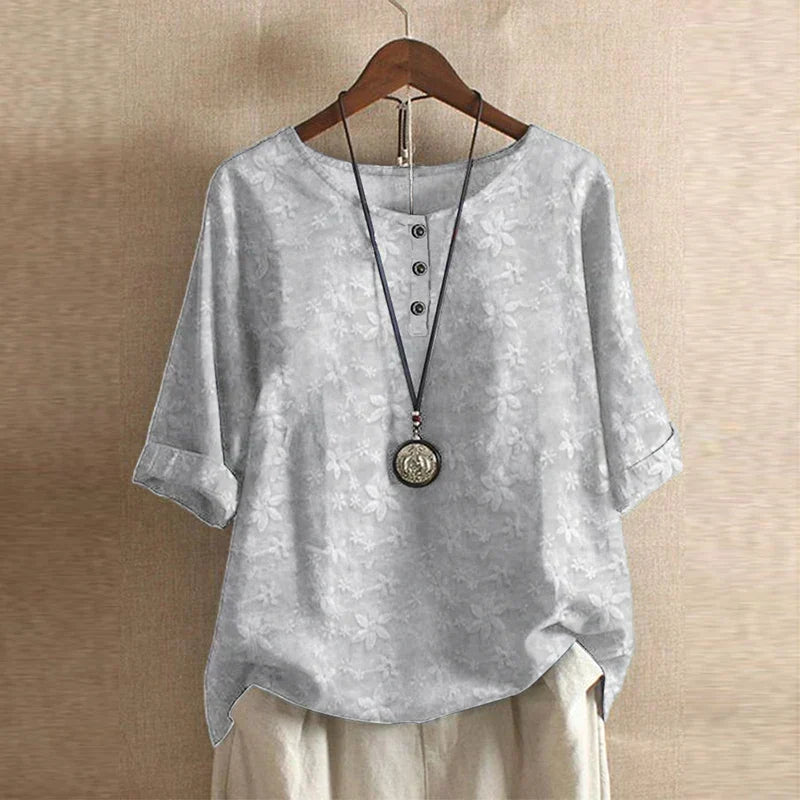 Blusa de Estampado de Parchwork sin Esfuerzo para Mujeres con Cuello Redondo, Manga Corta y Botones al Frente, Estilo Bohemio