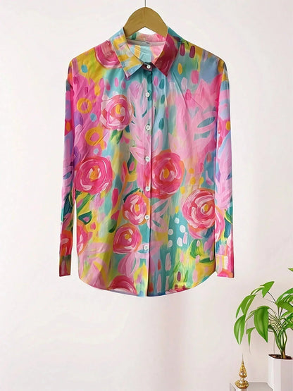 Blusa Floral Impresa Sin Esfuerzo para Mujeres con Cuello, Manga Larga, Botones en la Parte Frontal, Estilo Relajado