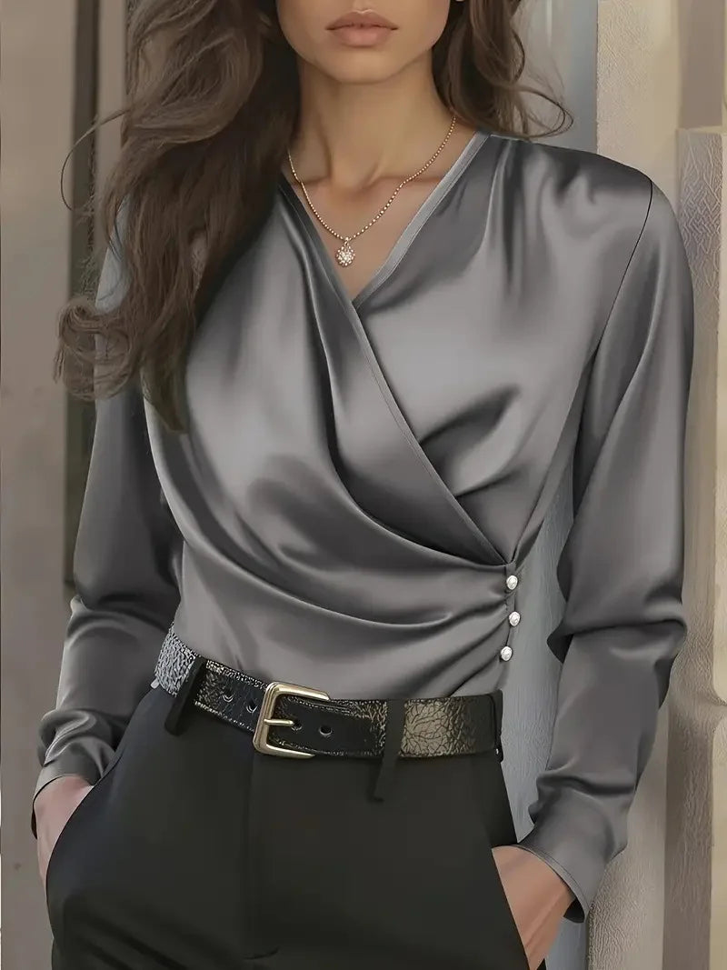Blusa Elegante de Satén con Cierre para Mujeres con Escote en V, Manga Larga y Detalle de Botones Estilo Sedoso