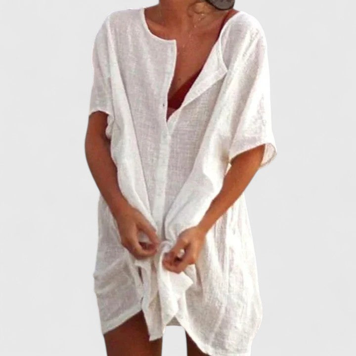 Vestido Cubierta de Lino Sin Esfuerzo para Mujeres con Escote en V, Manga Corta y Estilo Relajado