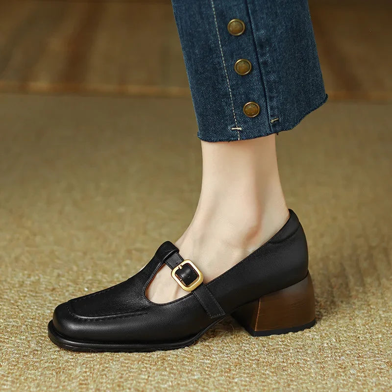 Elegantes Mocasines Mary Jane de Cuero para Mujeres con Hebilla T Strap, Punta Cuadrada y Tacón Bloque Estilo Vintage