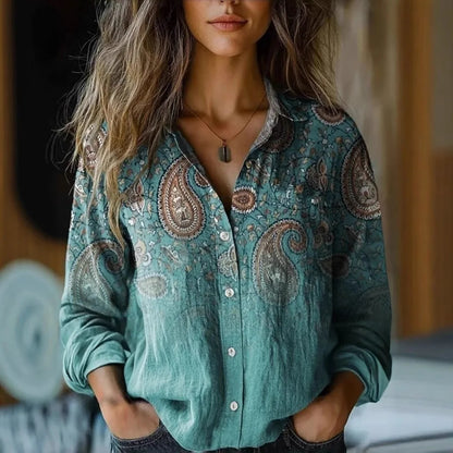 Blusa Floral Sin Esfuerzo para Mujeres con Cuello, Manga Larga, Botones en el Frente, Estilo Bohemio Relajado