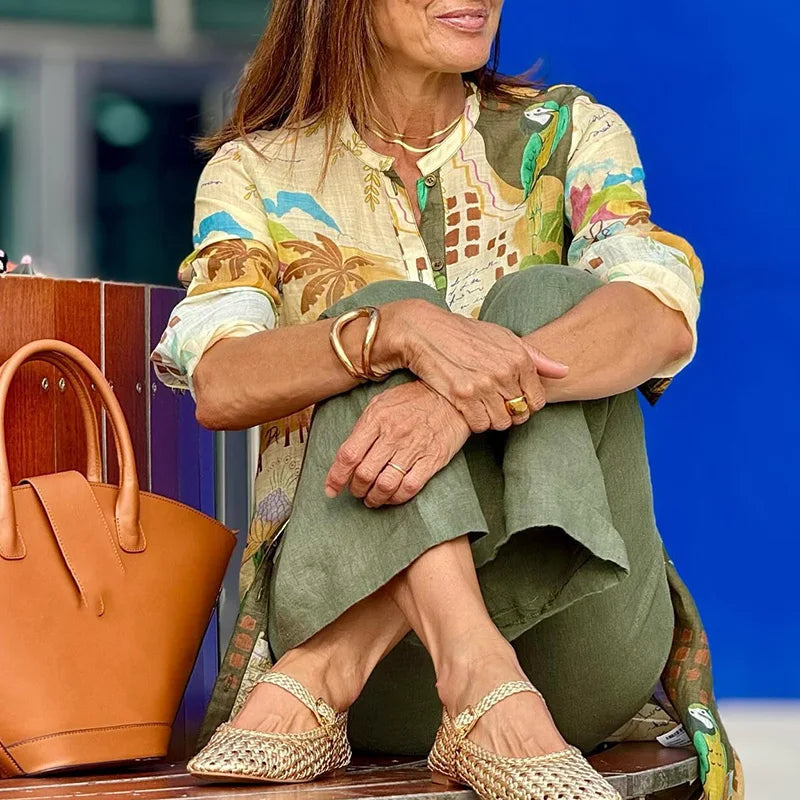 Conjunto de Dos Piezas con Estampado Tropical Sin Esfuerzo para Mujeres con Duster de Botones y Pantalón de Pierna Ancha Estilo Bohemio