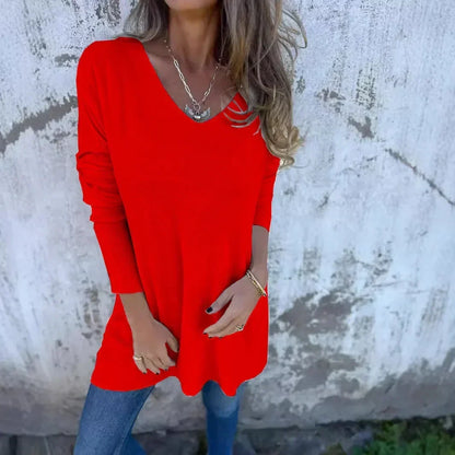 Túnica de Suéter de Punto Acanalado Cómoda para Mujeres con Cuello en V y Manga Larga Estilo Oversized Relajado