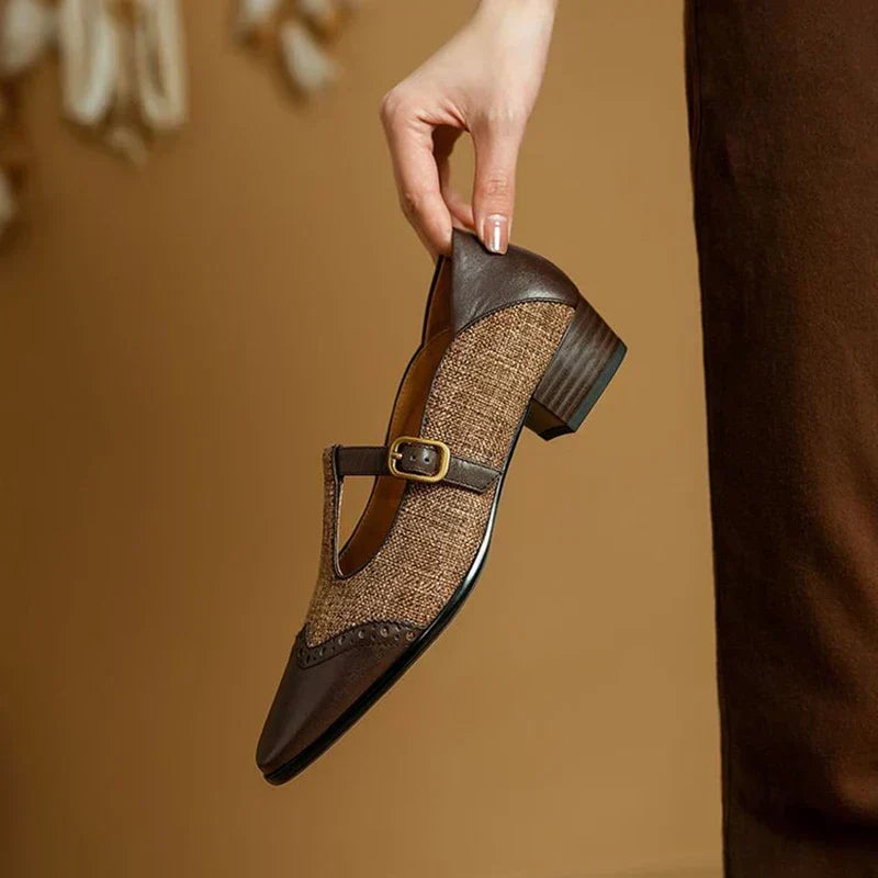 Elegante plano Mary Jane de tweed para mujeres con hebilla T Strap estilo brogue