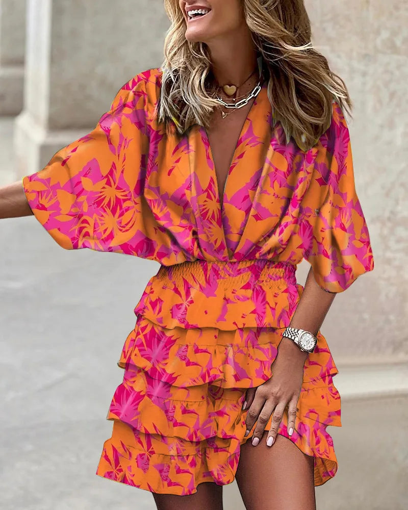 Vestido Mini Floral de Capas sin Esfuerzo para Mujeres con Escote en V, Mangas Globo y Cintura Fruncida, Estilo Bohemio