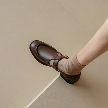 Elegantes Zapatos Mary Jane de Cuero para Mujeres con Punta Redonda y Hebilla T Strap Estilo Vintage