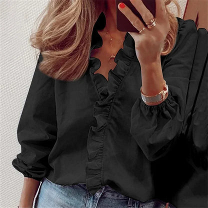 Blusa con Volantes Sin Esfuerzo para Mujeres con Cuello en V, Manga Larga y Puño Elástico, Estilo Casual