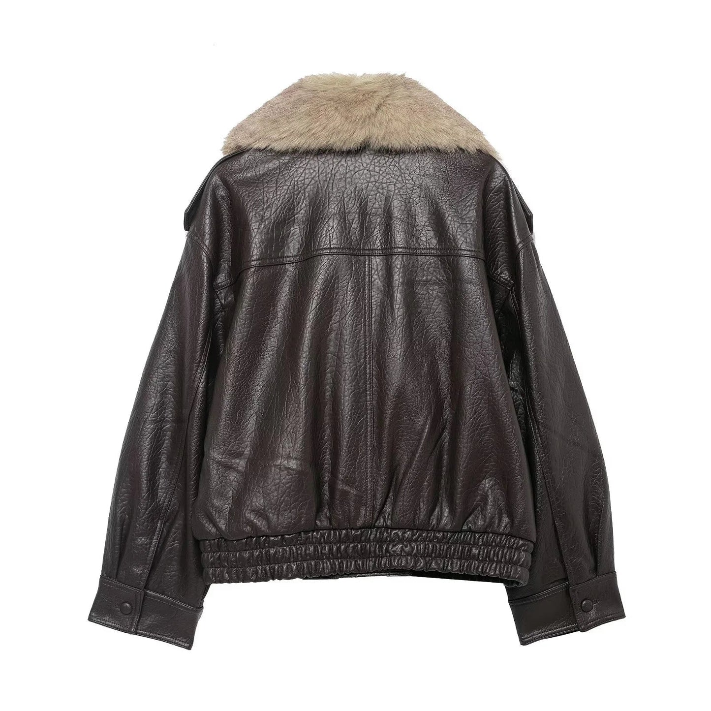 Chaqueta Bomber de Cuero Elegante para Mujeres con Cuello de Piel Sintética, Manga Larga, Estilo Relajado con Botones a Presión