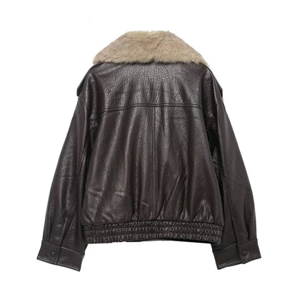Chaqueta Bomber de Cuero Elegante para Mujeres con Cuello de Piel Sintética, Manga Larga, Estilo Relajado con Botones a Presión