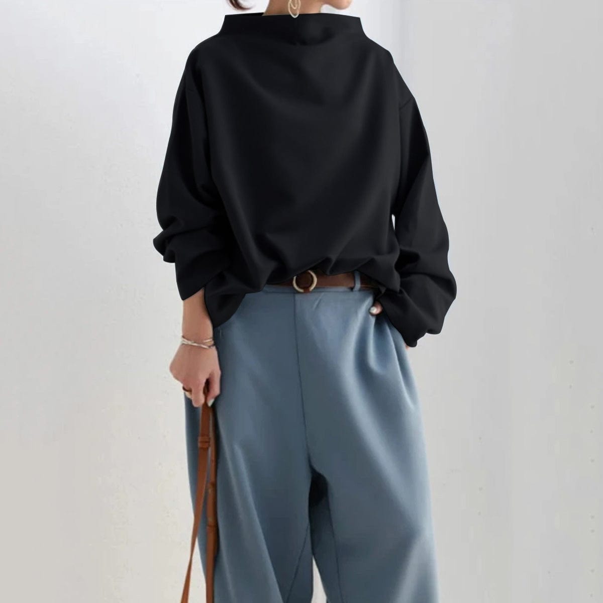 Blusa Oversized Cómoda para Mujeres con Cuello Alto y Manga Globo Estilo Tranquilo