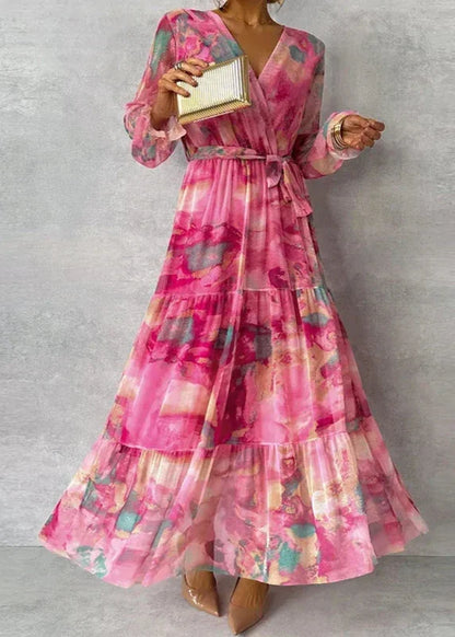 Vestido Maxi de Acuarela Rosa Sin Esfuerzo para Mujeres con Escote en V, Mangas de Campana, Envoltura, Volantes en Estilo Bohemio