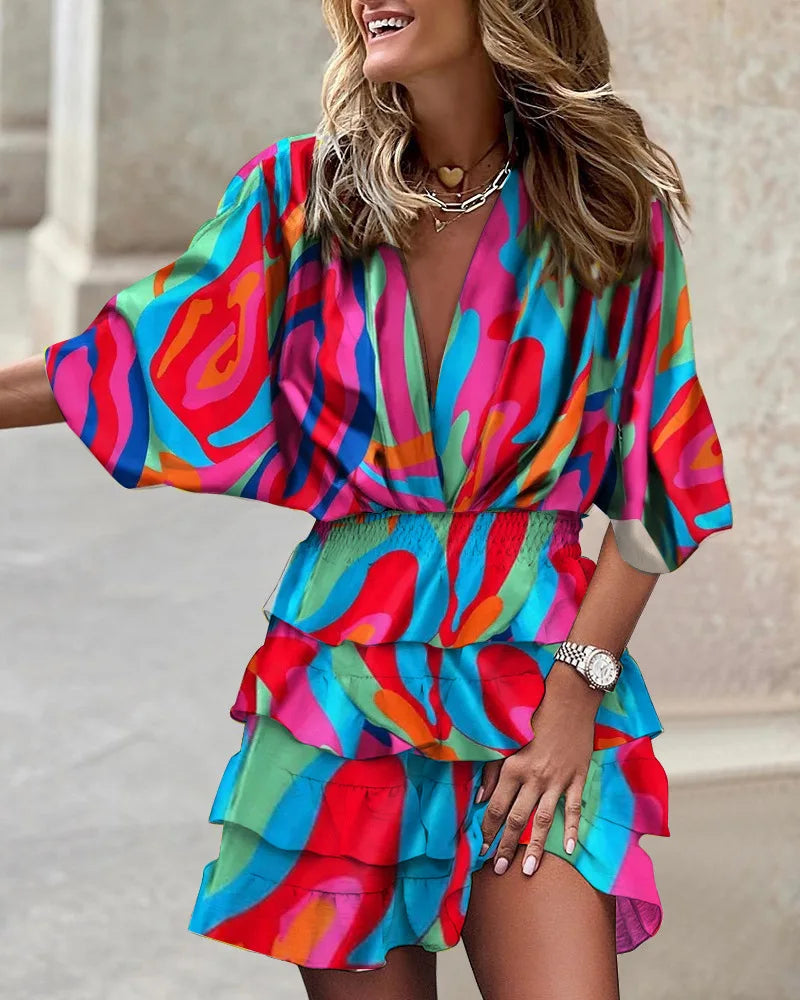 Vestido Mini Floral de Capas sin Esfuerzo para Mujeres con Escote en V, Mangas Globo y Cintura Fruncida, Estilo Bohemio