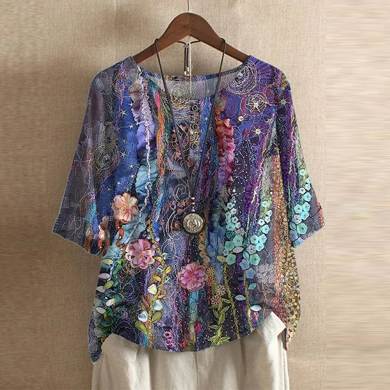 Blusa de Estampado de Parchwork sin Esfuerzo para Mujeres con Cuello Redondo, Manga Corta y Botones al Frente, Estilo Bohemio
