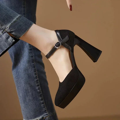 Elegantes Zapatos de Tacón Plataforma de Ante para Mujeres con Correa de Hebilla Mary Jane y Tacón Grueso