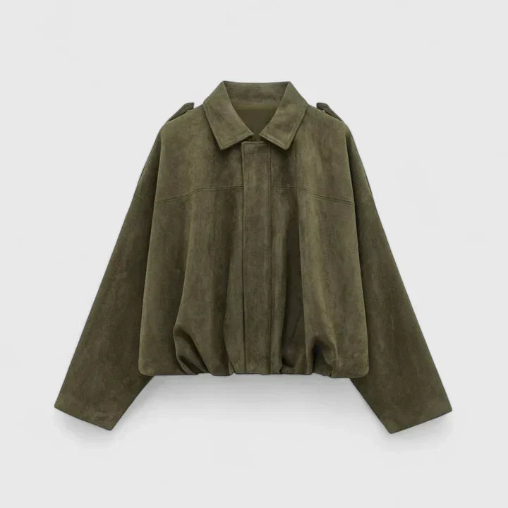 Chaqueta Cortada de Ante Sin Esfuerzo para Mujeres con Cuello, Manga Larga, Dobladillo Burbuja, Estilo Oversized y Relajado