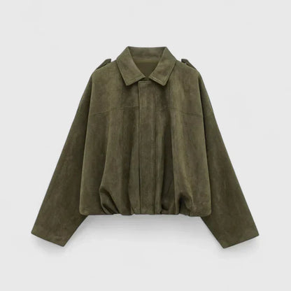Chaqueta Cortada de Ante Sin Esfuerzo para Mujeres con Cuello, Manga Larga, Dobladillo Burbuja, Estilo Oversized y Relajado