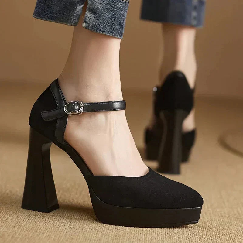 Elegantes Zapatos de Tacón Plataforma de Ante para Mujeres con Correa de Hebilla Mary Jane y Tacón Grueso
