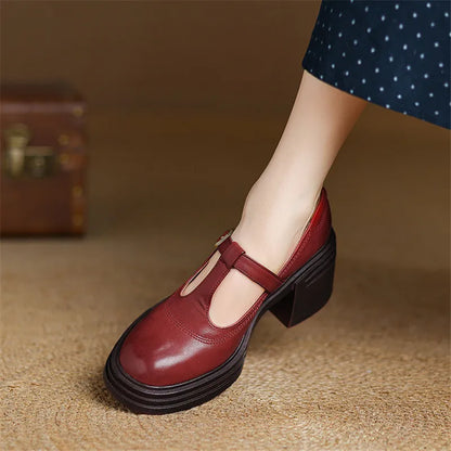 Zapatos Mary Jane de Cuero Elegantes para Mujeres con Plataforma T Strap y Tacón Grueso Estilo Vintage