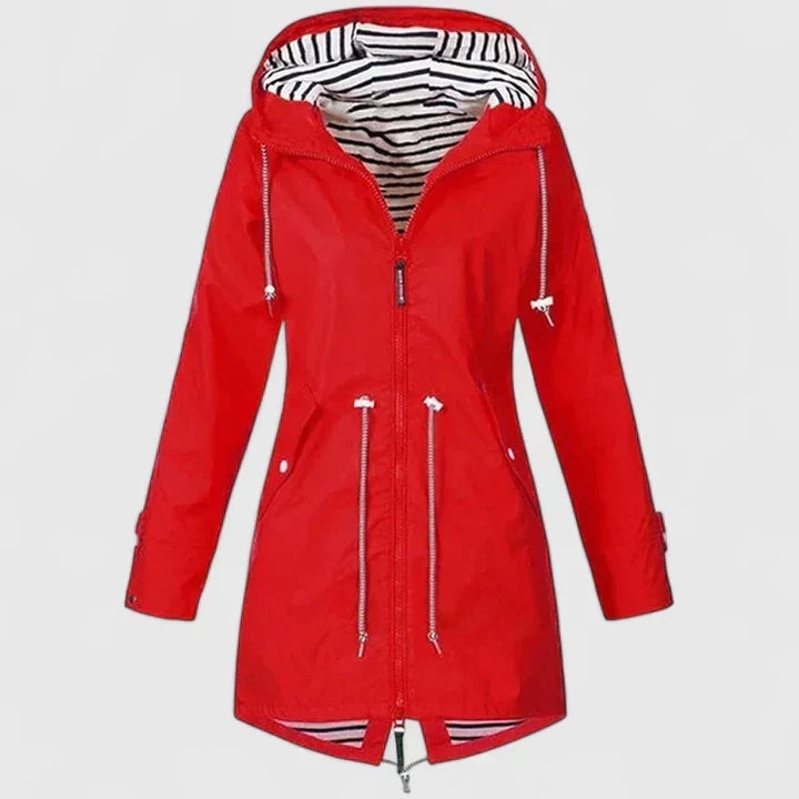 Chaqueta de Lluvia a Rayas para Mujeres con Capucha, de Estilo Relajado y Cierre Frontal con Cremallera