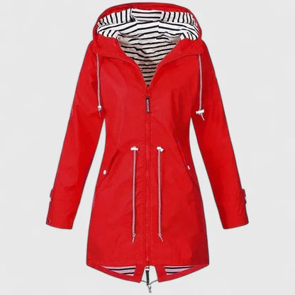 Chaqueta de Lluvia a Rayas para Mujeres con Capucha, de Estilo Relajado y Cierre Frontal con Cremallera