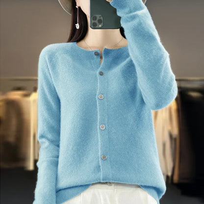 Suéter Cardigan Cómodo para Mujeres con Cuello Redondo, Manga Larga, Botones en la Parte Frontal y Estilo Relajado de Punto