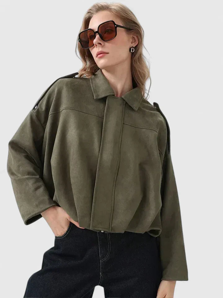 Chaqueta Cortada de Ante Sin Esfuerzo para Mujeres con Cuello, Manga Larga, Dobladillo Burbuja, Estilo Oversized y Relajado