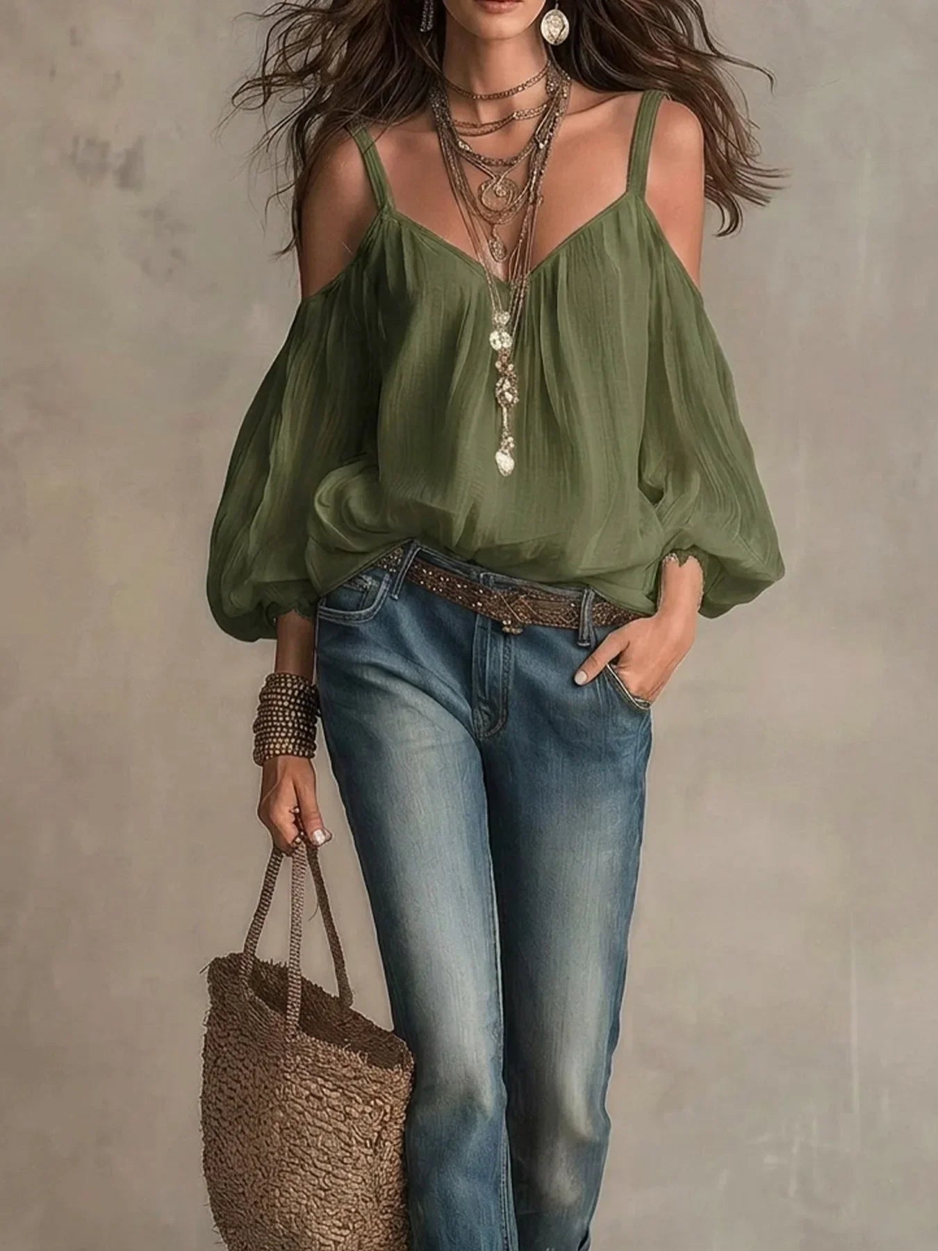 Blusa de Gasa de Algodón Sin Esfuerzo para Mujeres con Escote en V, Hombros Descubiertos, y Mangas de Globo Estilo Bohemio