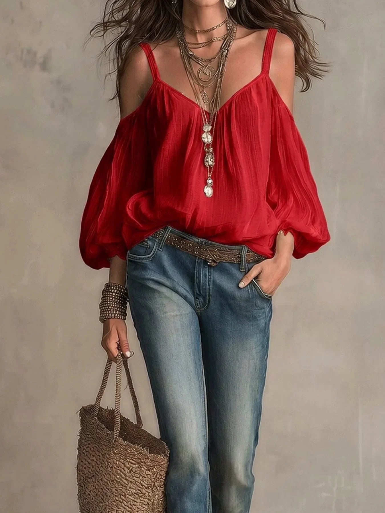 Blusa de Gasa de Algodón Sin Esfuerzo para Mujeres con Escote en V, Hombros Descubiertos, y Mangas de Globo Estilo Bohemio