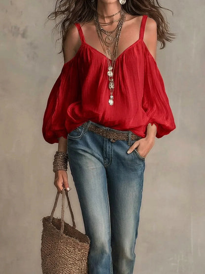 Blusa de Gasa de Algodón Sin Esfuerzo para Mujeres con Escote en V, Hombros Descubiertos, y Mangas de Globo Estilo Bohemio