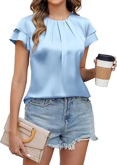 Blusa de Satén Elegante para Mujeres con Cuello Redondo, Mangas de Volante Plisadas y Estilo Relajado