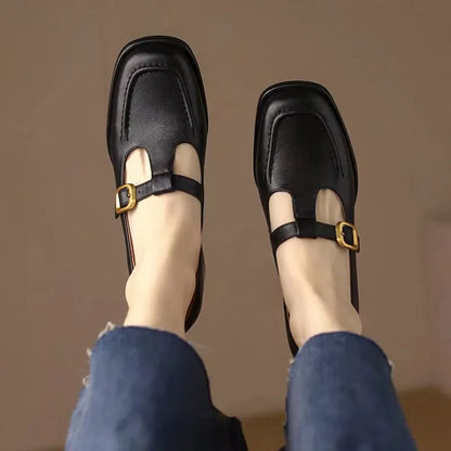 Elegantes Mocasines Mary Jane de Cuero para Mujeres con Hebilla T Strap, Punta Cuadrada y Tacón Bloque Estilo Vintage