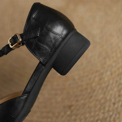 Elegantes Flats de Cuero con Estampado de Cocodrilo y T-Strap para Mujeres con Punta Afilada y Tacón Bloque