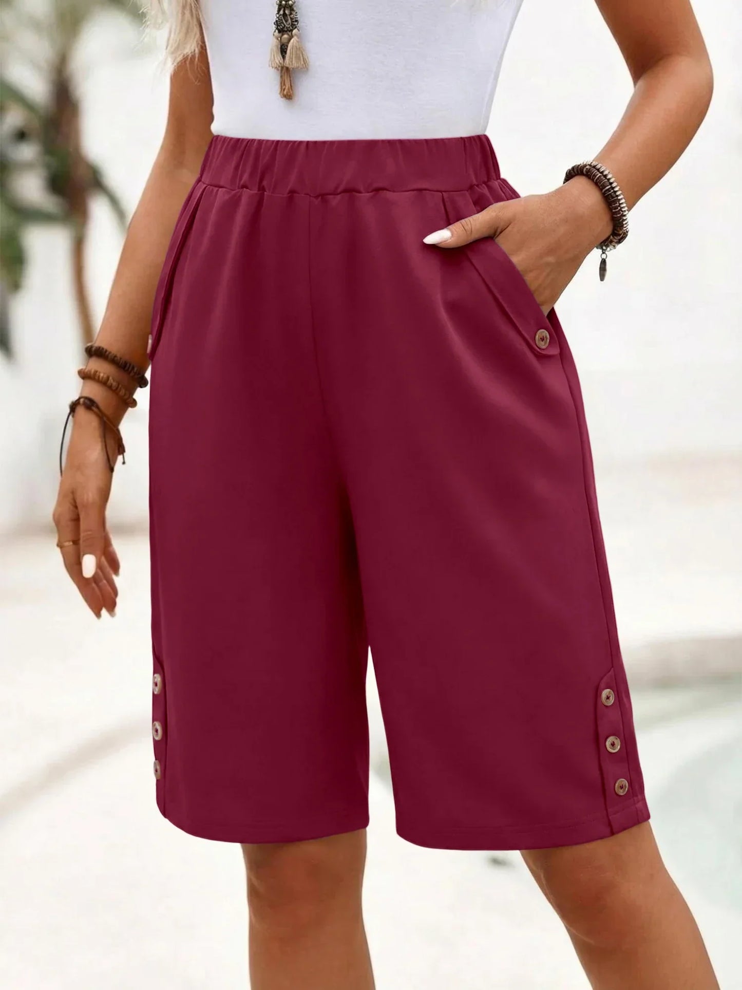 Shorts de Bermuda Sin Esfuerzo para Mujeres con Cintura Alta y Detalles de Botón, Estilo Casual Relajado