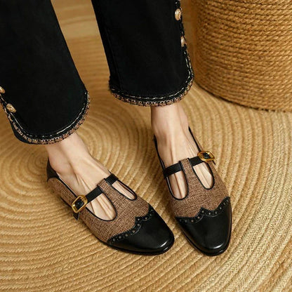 Elegante plano Mary Jane de tweed para mujeres con hebilla T Strap estilo brogue