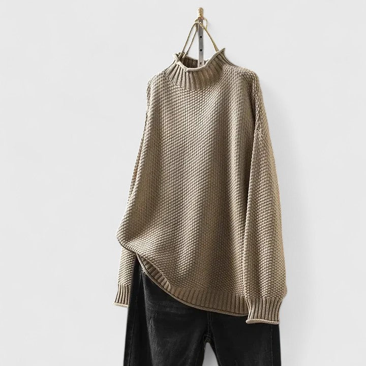 Suéter Chunky Cómodo para Mujeres con Cuello Alto, Manga Larga, Corte Relajado y Dobladillo Curvado