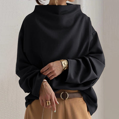 Blusa Oversized Cómoda para Mujeres con Cuello Alto y Manga Globo Estilo Tranquilo