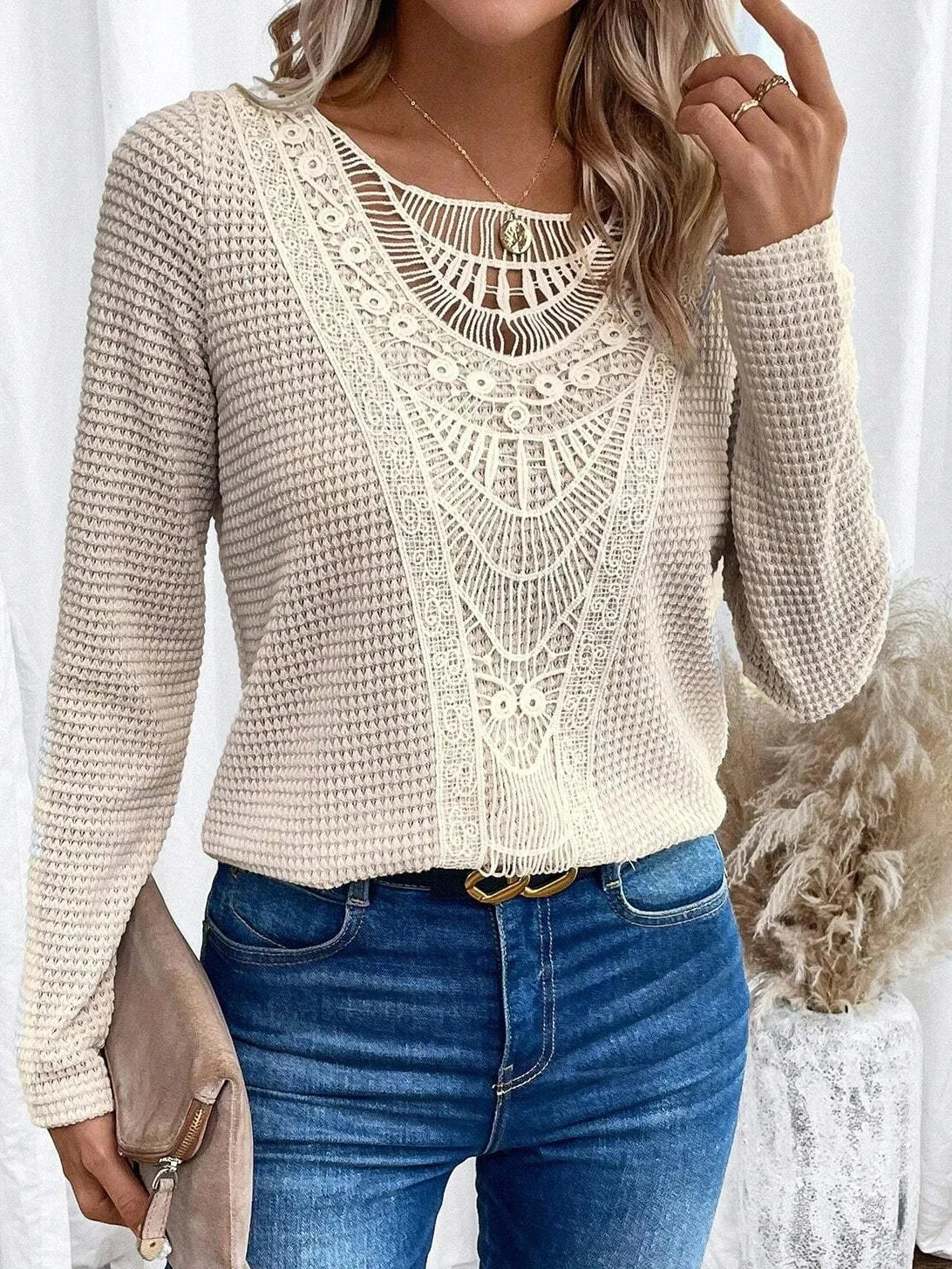 Blusa de Punto Waffle sin Esfuerzo para Mujeres con Manga Larga de Encaje de Crochet Estilo Boho Relajado