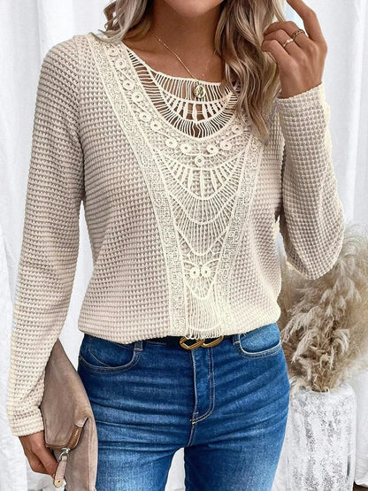 Blusa de Punto Waffle sin Esfuerzo para Mujeres con Manga Larga de Encaje de Crochet Estilo Boho Relajado