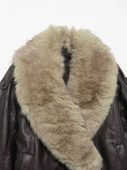 Chaqueta Bomber de Cuero Elegante para Mujeres con Cuello de Piel Sintética, Manga Larga, Estilo Relajado con Botones a Presión